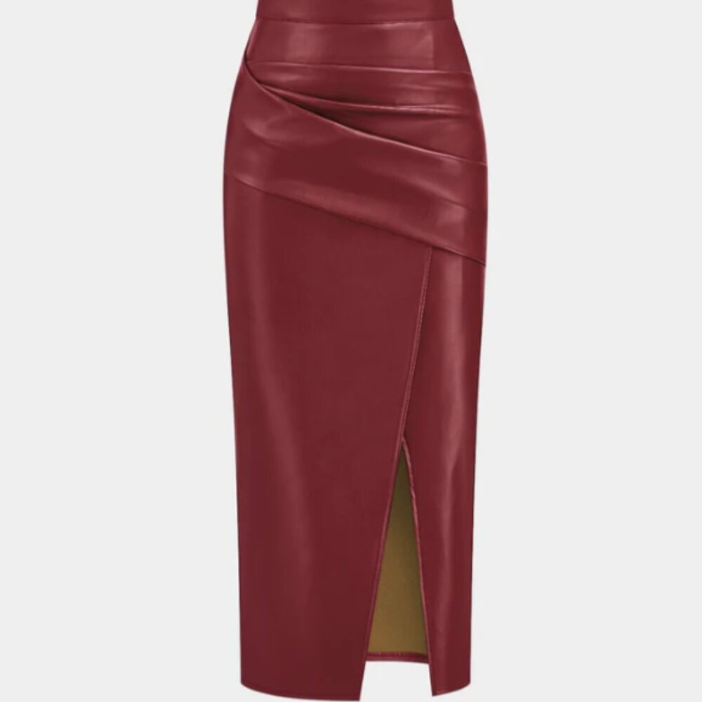 NWT Commense Faux Leather Midi Skirt Red Slit Ruched Small